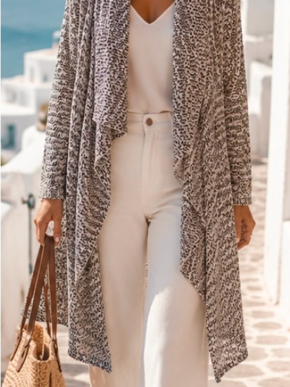 Dynamite Cotton Blend Black White Marled  Open-Front Duster Cardigan Size S